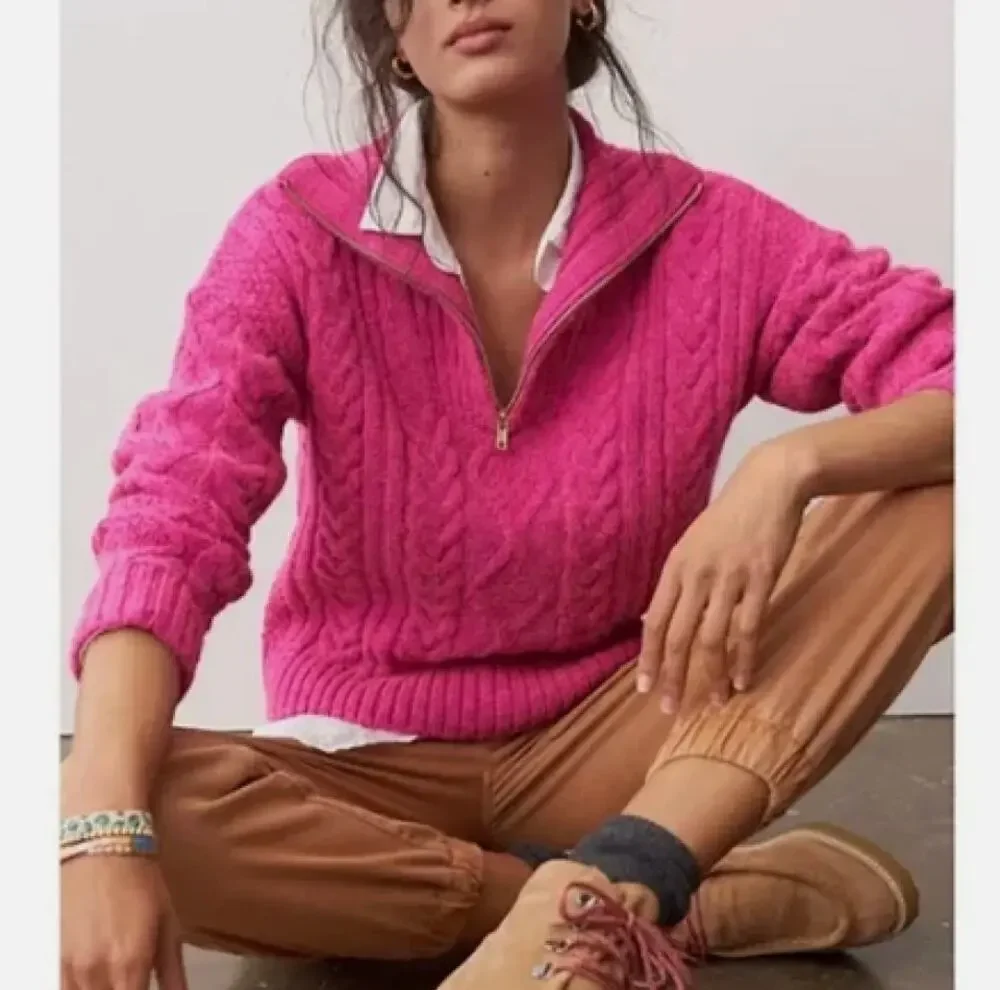 Anthropologie Payton Cable Knit 1/4 Zip Pullover Sweater, Fuchsia Pink, XL